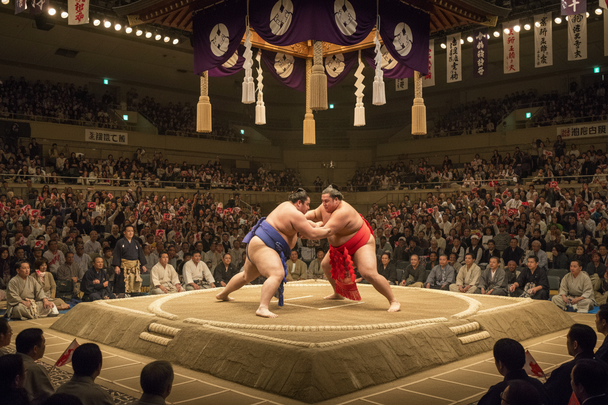 sumo wrestling in japan, big crowd at the arena.